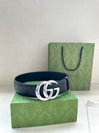 Gucci belt dark blue with silver double-G buckle