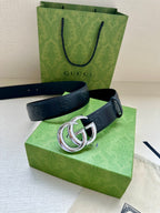 Gucci belt dark blue strap with silver double-G buckle and logo embossing