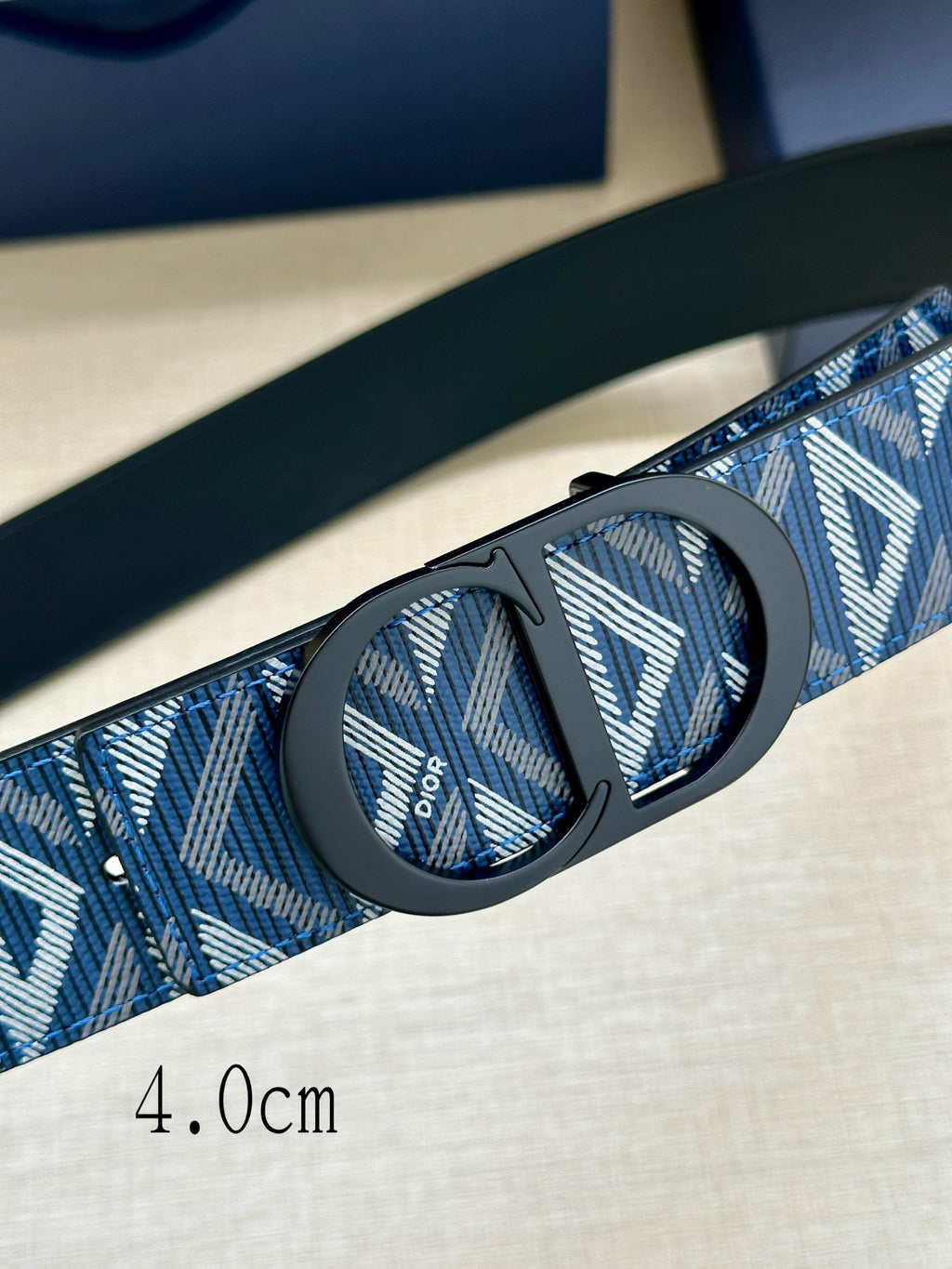 Dior monogram belt buckle detail on blue-and-white patterned strap