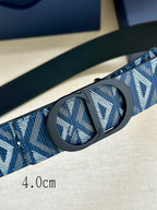 Dior monogram belt buckle detail on blue-and-white patterned strap
