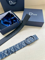 Dior monogram belt with blue-and-white patterned strap, black buckle and holes