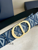 Dior belt detail: blue jacquard strap with gold CD buckle