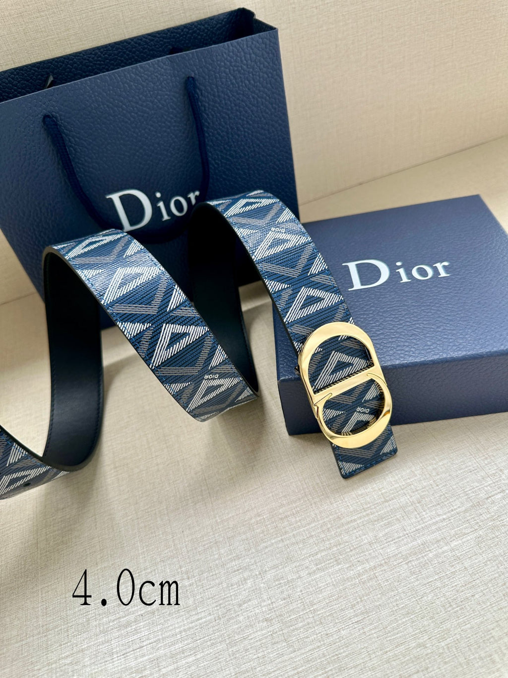 Dior belt with patterned blue strap and gold oval CD buckle