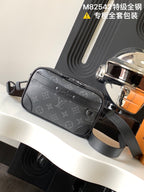 Crossbody bag with dark gray monogram canvas and top zipper, adjustable shoulder strap