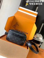 Louis Vuitton crossbody bag with monogram canvas, dark gray leather strap, zip front