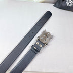 Dark leather belt end with silver-tone buckle hardware and adjustment holes