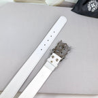 White leather belt strap with rows of holes and silver-tone metal buckle