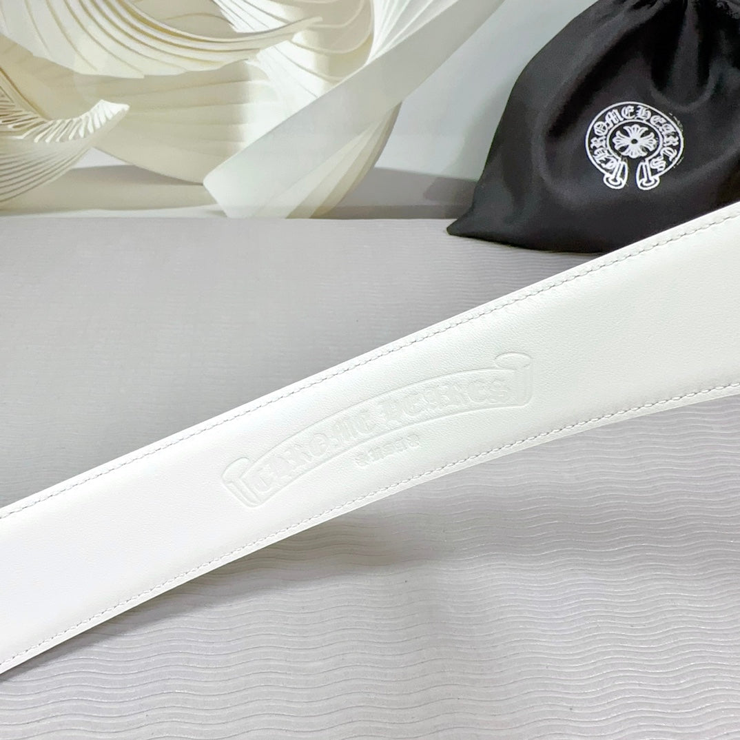 White leather belt with embossed logo detail along the strap