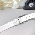 White belt with metal keeper hardware and adjustable pin buckle