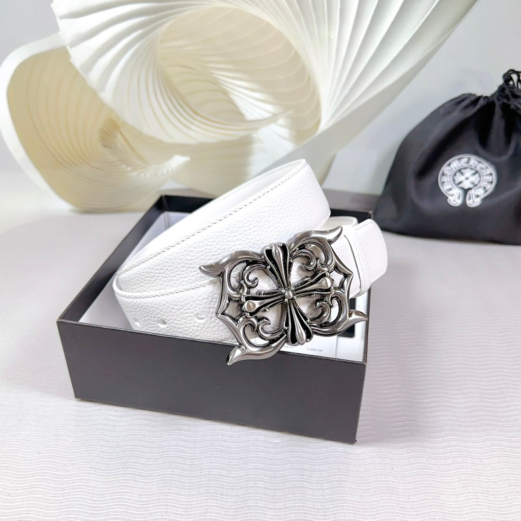 White leather belt with silver-tone buckle on a box-ready presentation