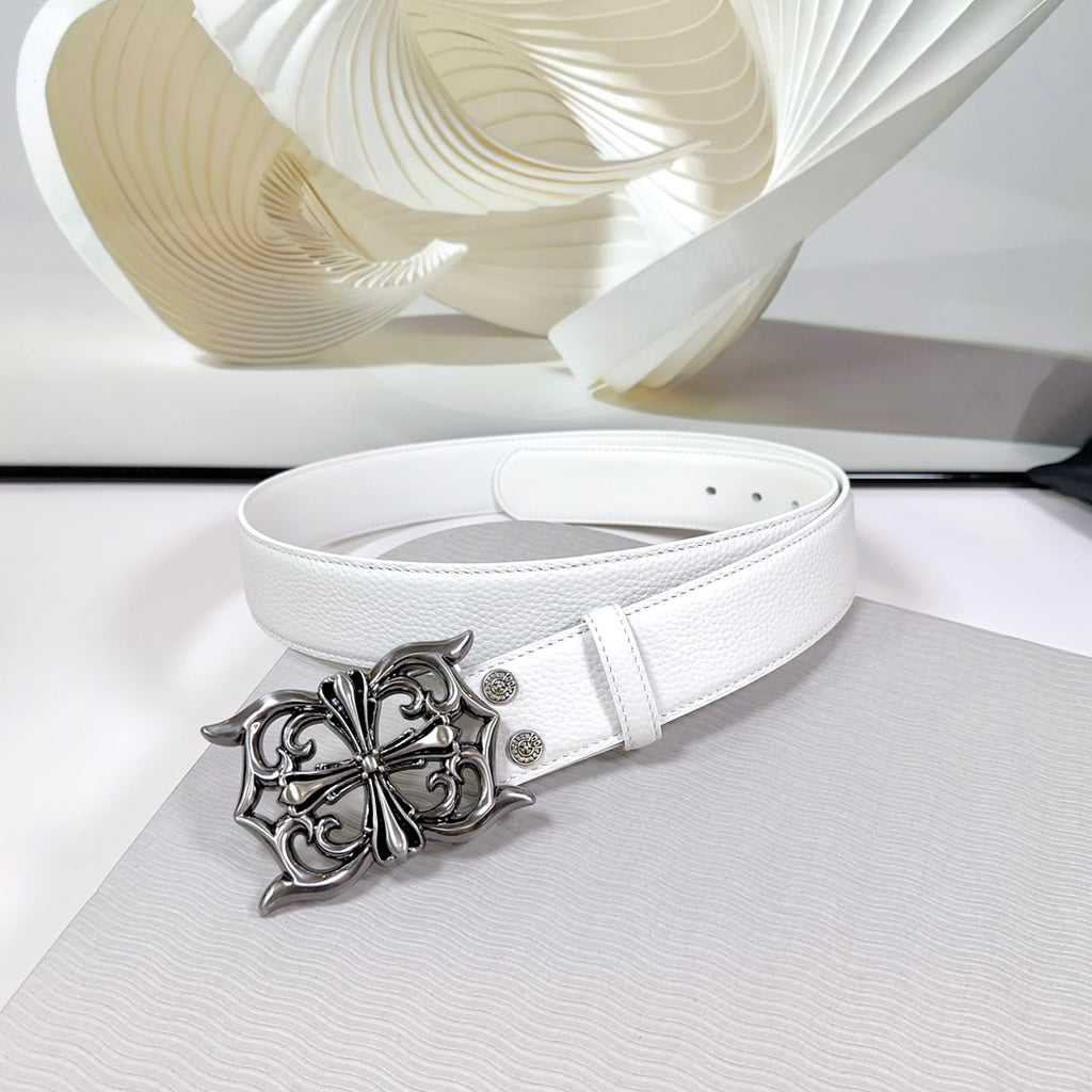 White leather belt with ornate silver-tone buckle and adjustable holes