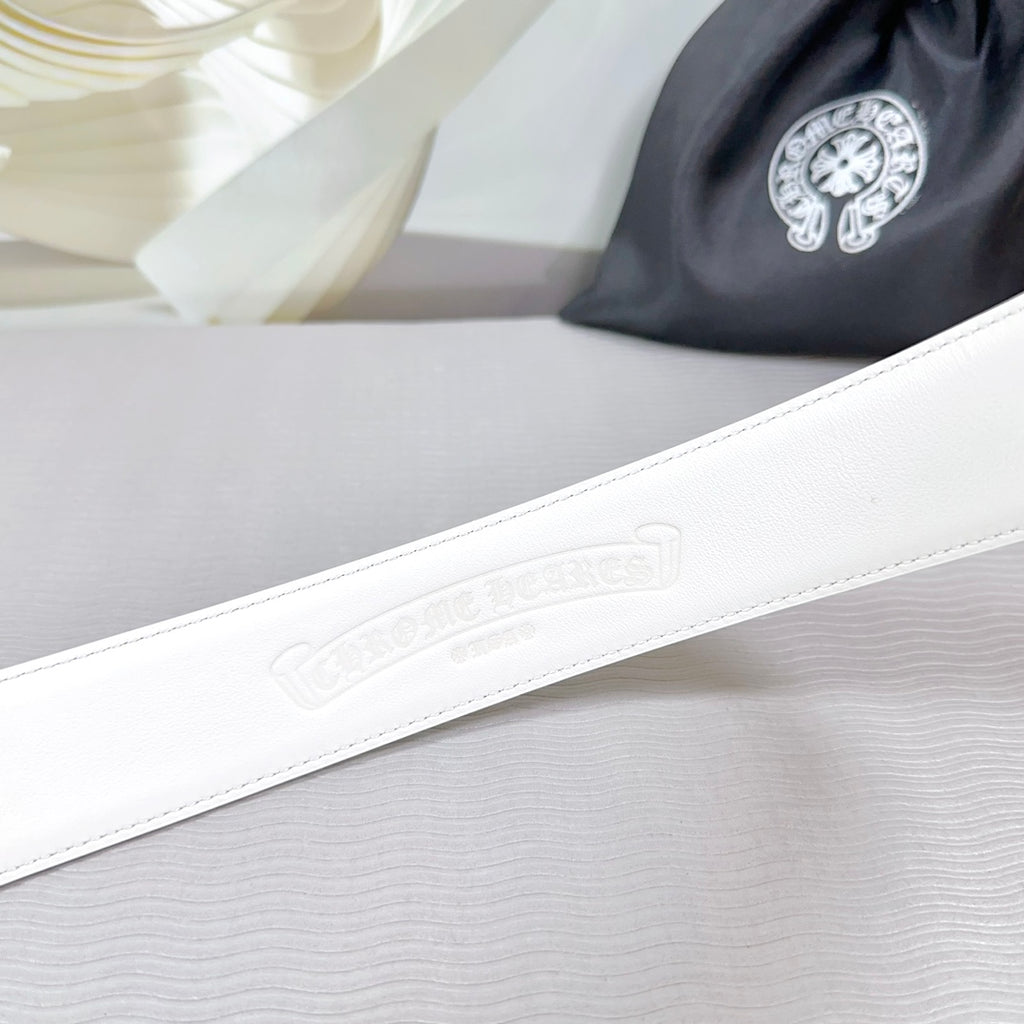 White leather belt with embossed brand logo on strap