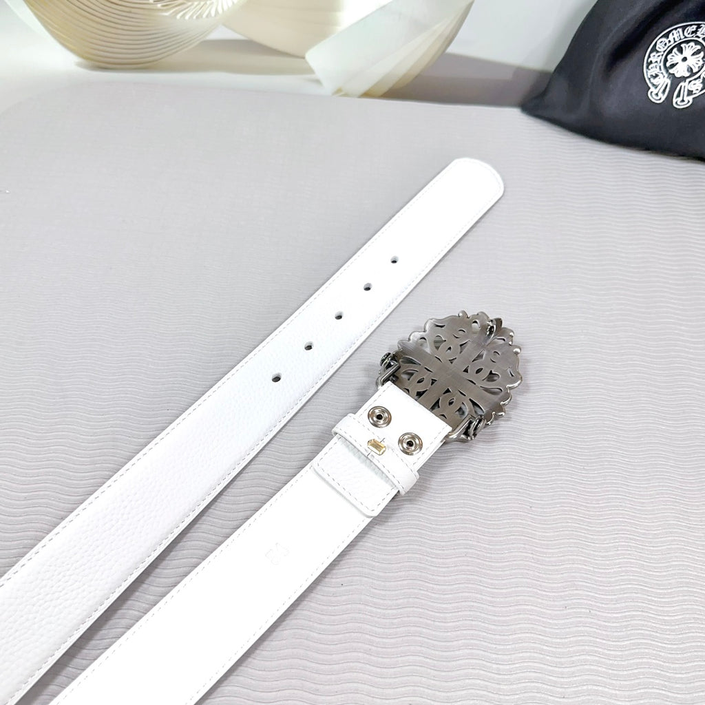 White leather belt with silver buckle detail, multiple adjustment holes