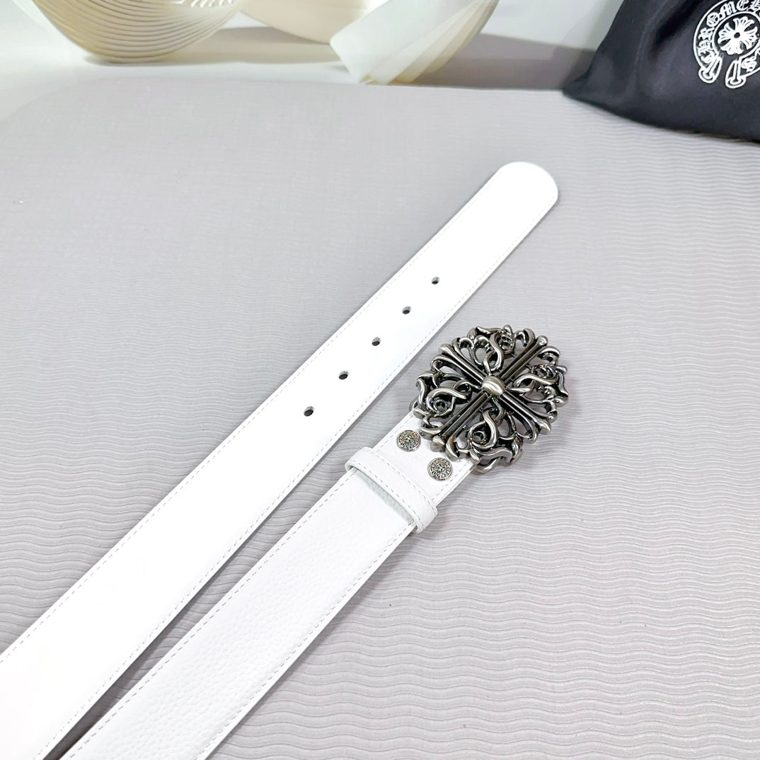 White leather belt with silver-tone buckle and adjustment holes visible
