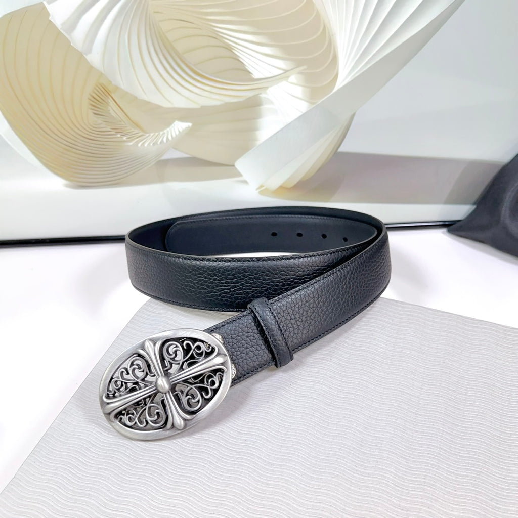 Dark gray leather belt with ornate chrome buckle and side holes