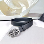 Dark gray leather belt with ornate chrome buckle and side holes