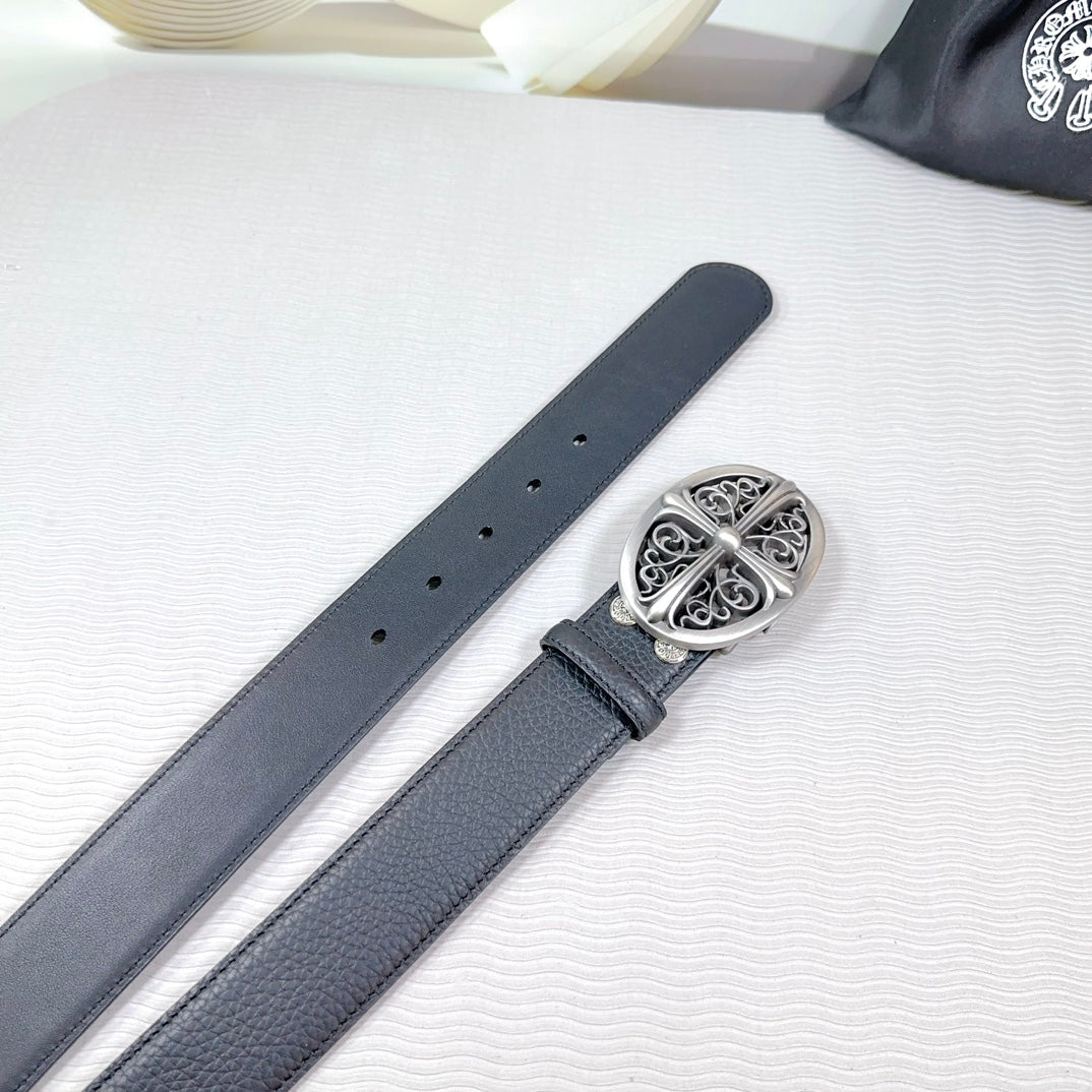 Dark gray leather belt strap with ornate chrome buckle and engraved plate