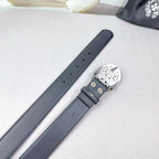 Dark gray leather belt with decorative chrome buckle clasp