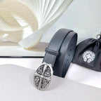 Dark gray leather belt with ornate chrome buckle in side view