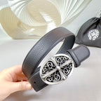 Dark gray leather belt with detailed chrome buckle close-up