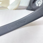 Dark gray leather belt with embossed logo detail on strap