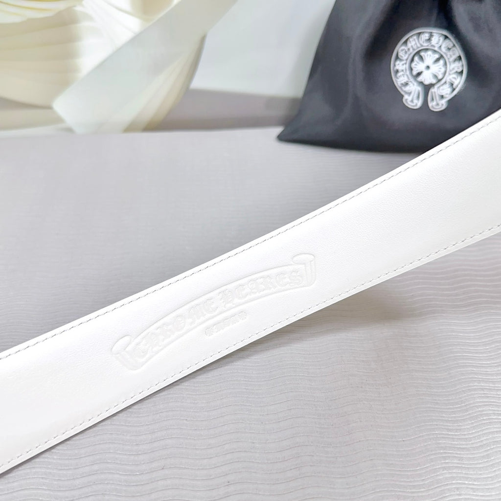 White leather belt with subtle embossed logo on strap