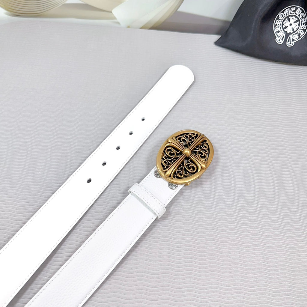 White leather belt with adjustment holes and ornate gold oval buckle