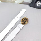 White leather belt with adjustment holes and ornate gold oval buckle