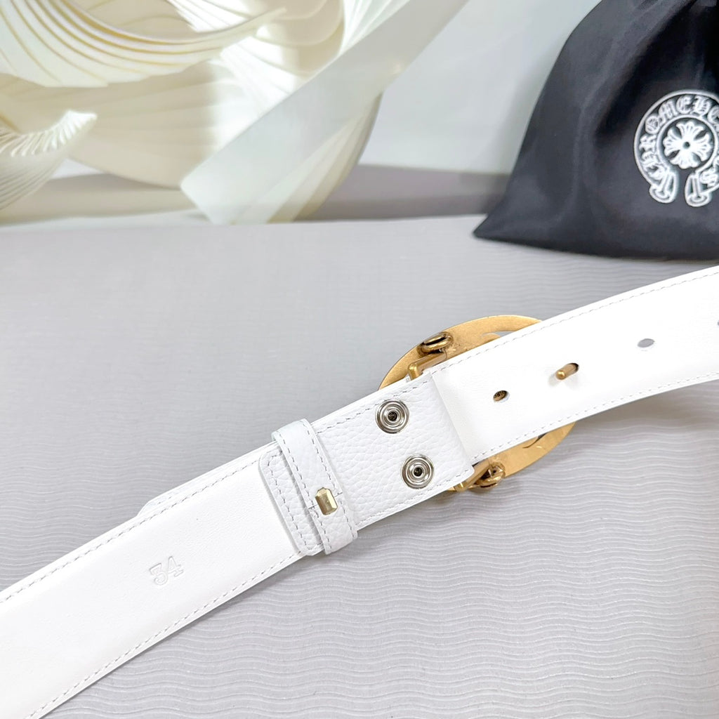 White leather belt clasp with two metal studs and gold backing plate