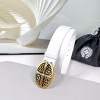 White leather belt with ornate gold oval filigree buckle, side view