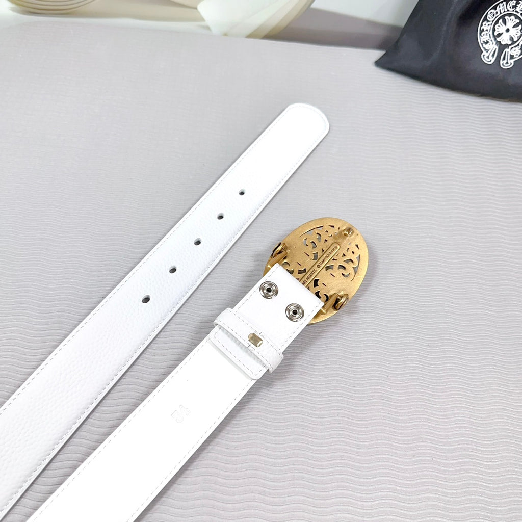 White leather belt with gold snap buckle underside and metal pin