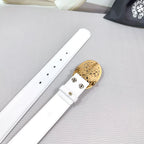 White leather belt with gold snap buckle underside and metal pin