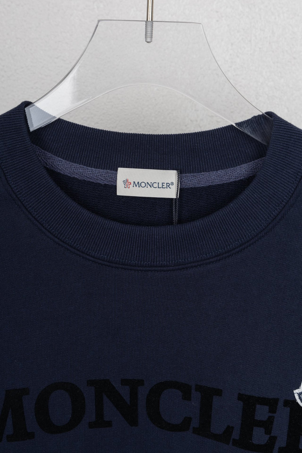 Moncler dark navy crewneck sweatshirt collar and brand label