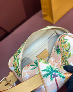 Louis Vuitton mini crossbody bag interior view, cream lining, zipper, floral toucan print.