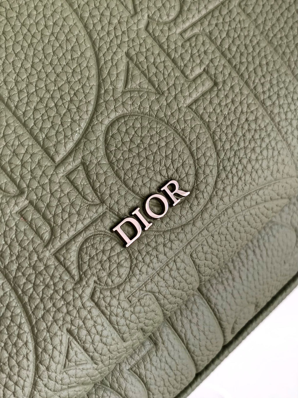 Olive textured leather Dior logo emboss on front panel