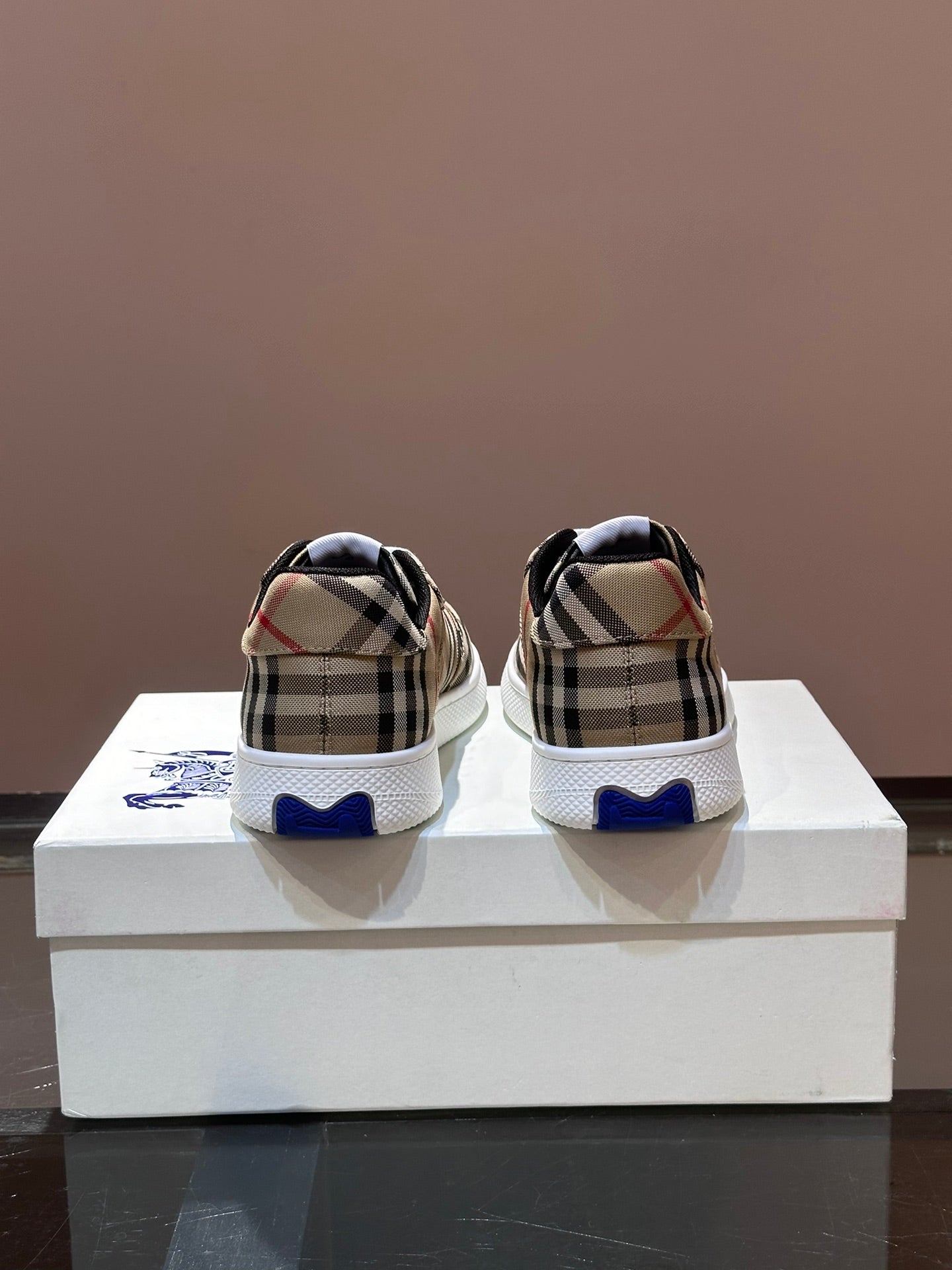 Back view checkered sneakers with black lining, white laces, blue heel strip