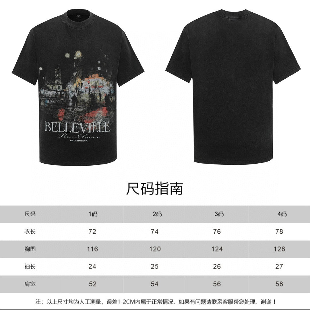 Balenciaga black T-shirt shown front and back with size chart
