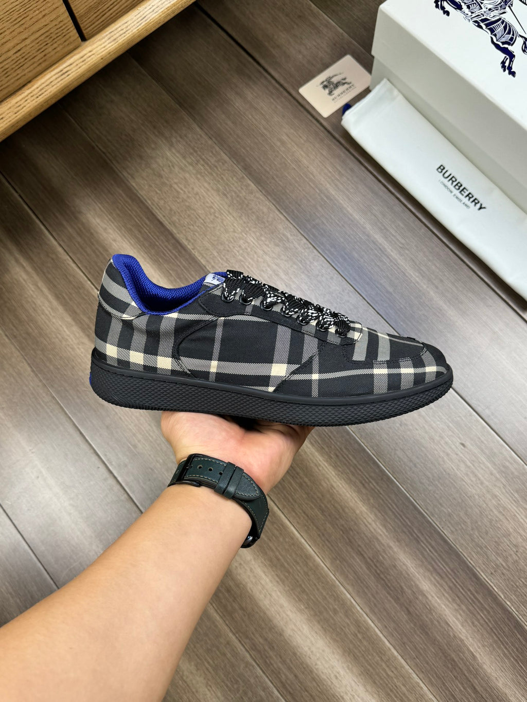 Burberry lace-up sneakers, profile view, black check print and blue lining