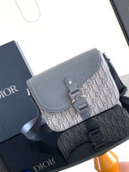 Dior crossbody bag with flap, gray leather and Dior Oblique canvas front panel.