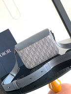 Dior crossbody bag with adjustable strap, gray leather and Dior Oblique canvas body.