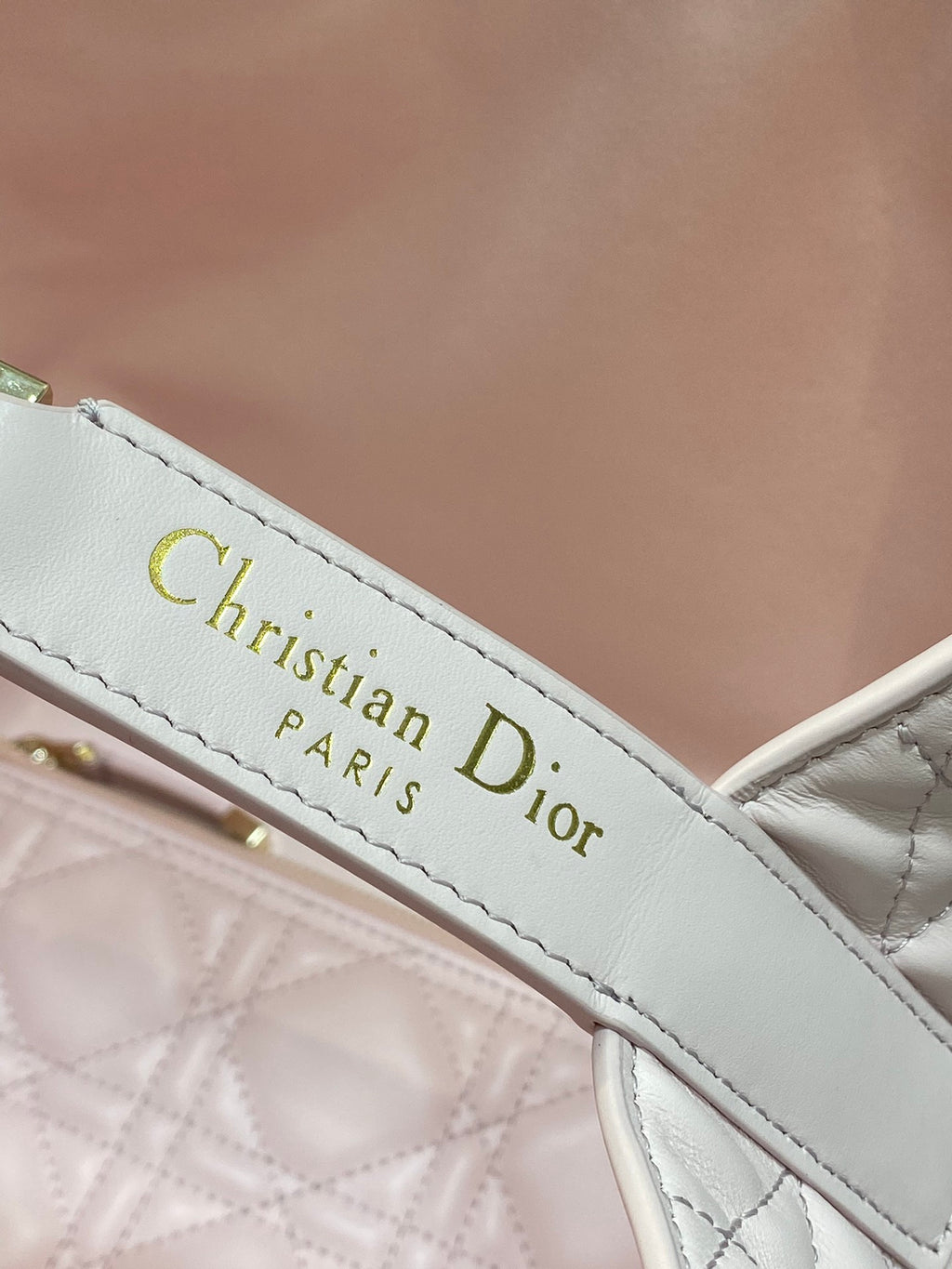 Dior handbag leather strap label reading “Christian Dior PARIS” in gold