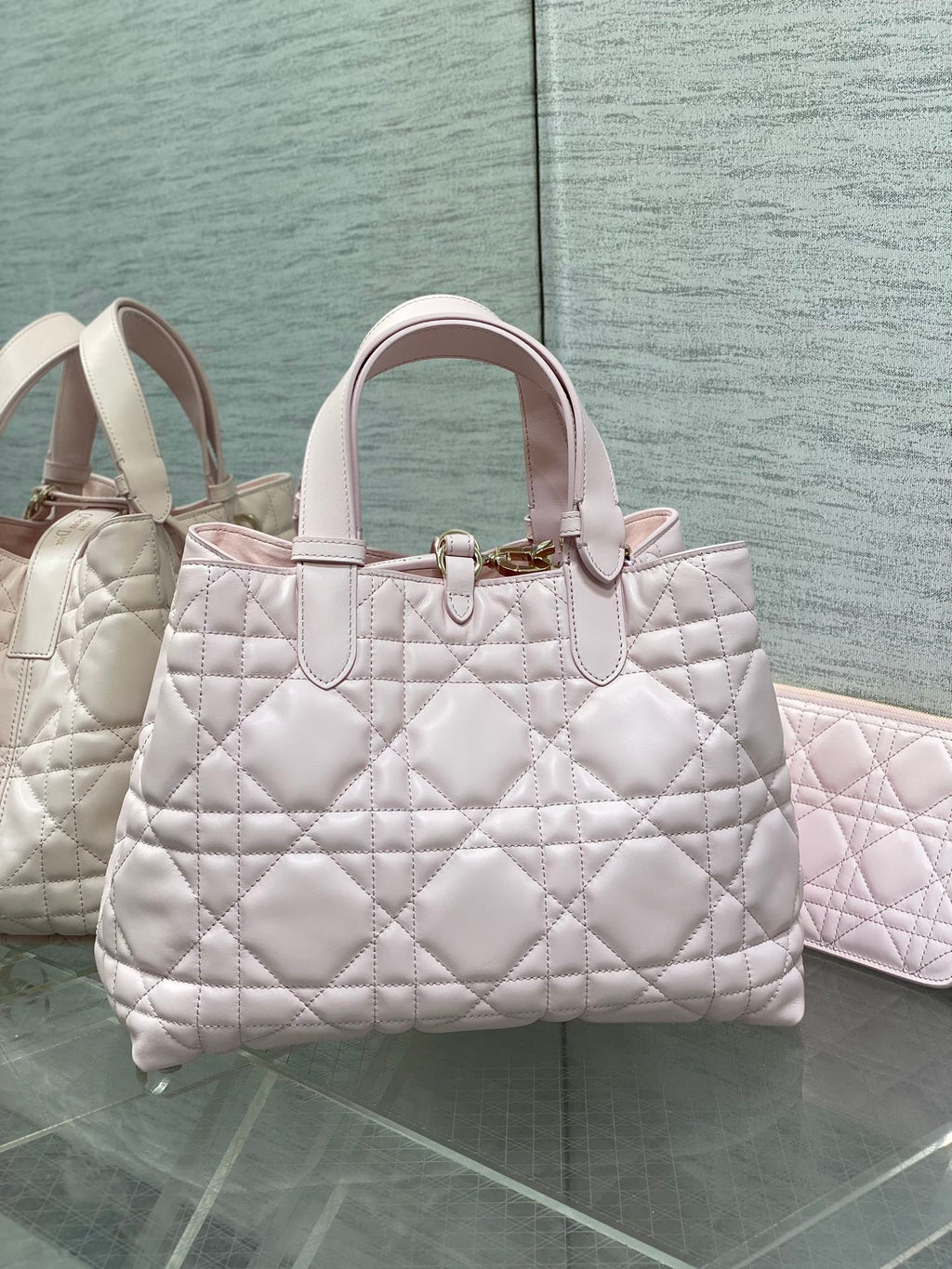Dior handbag light pink quilted leather with double handles and gold hardware