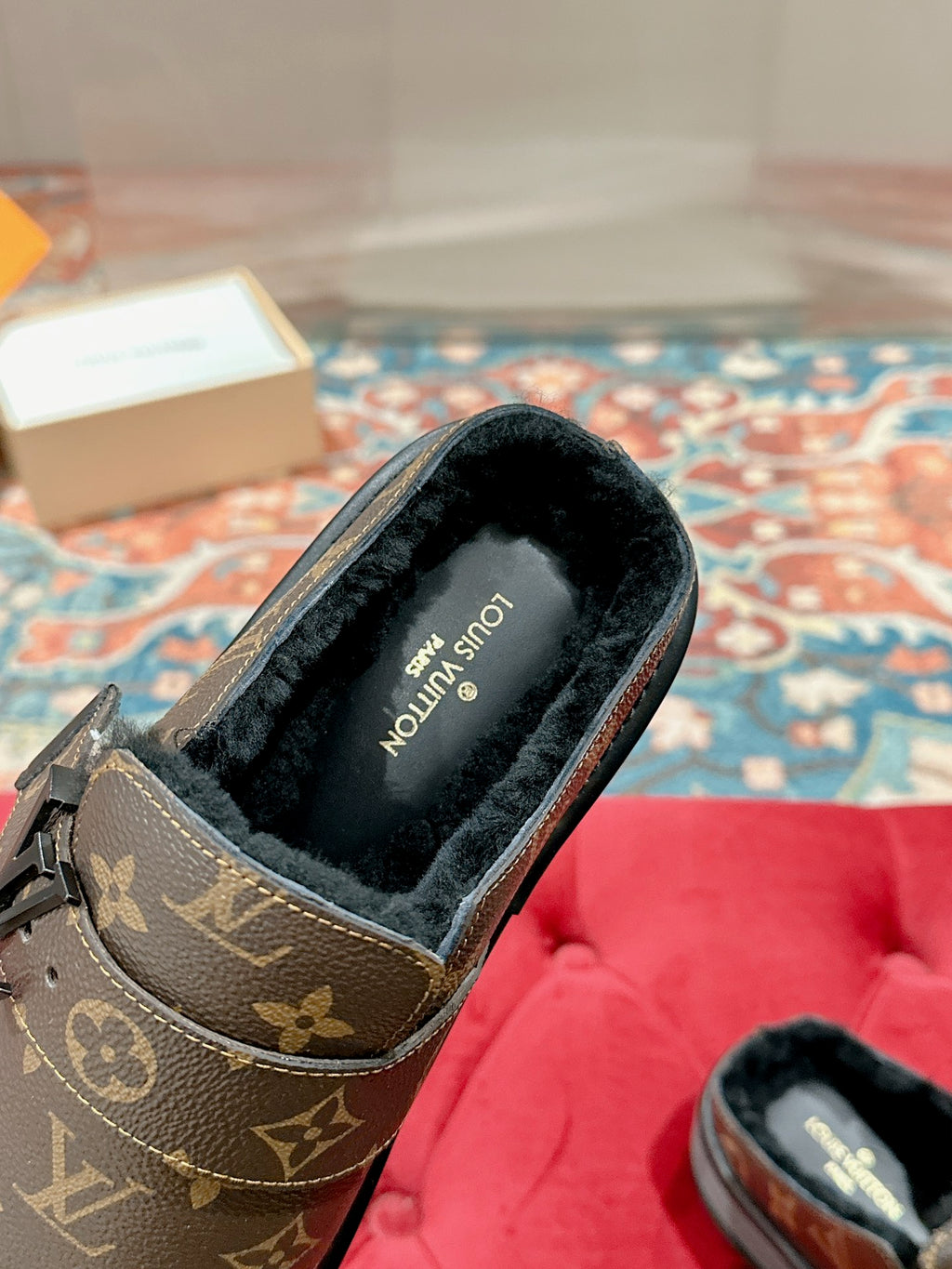 Louis Vuitton monogram slip-on sandal with fur-like lining and printed insole