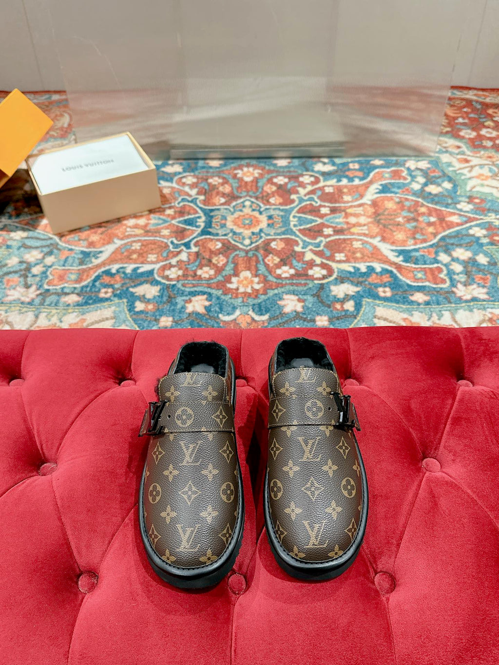 Louis Vuitton monogram slip-on sandals with buckle strap and rubber sole
