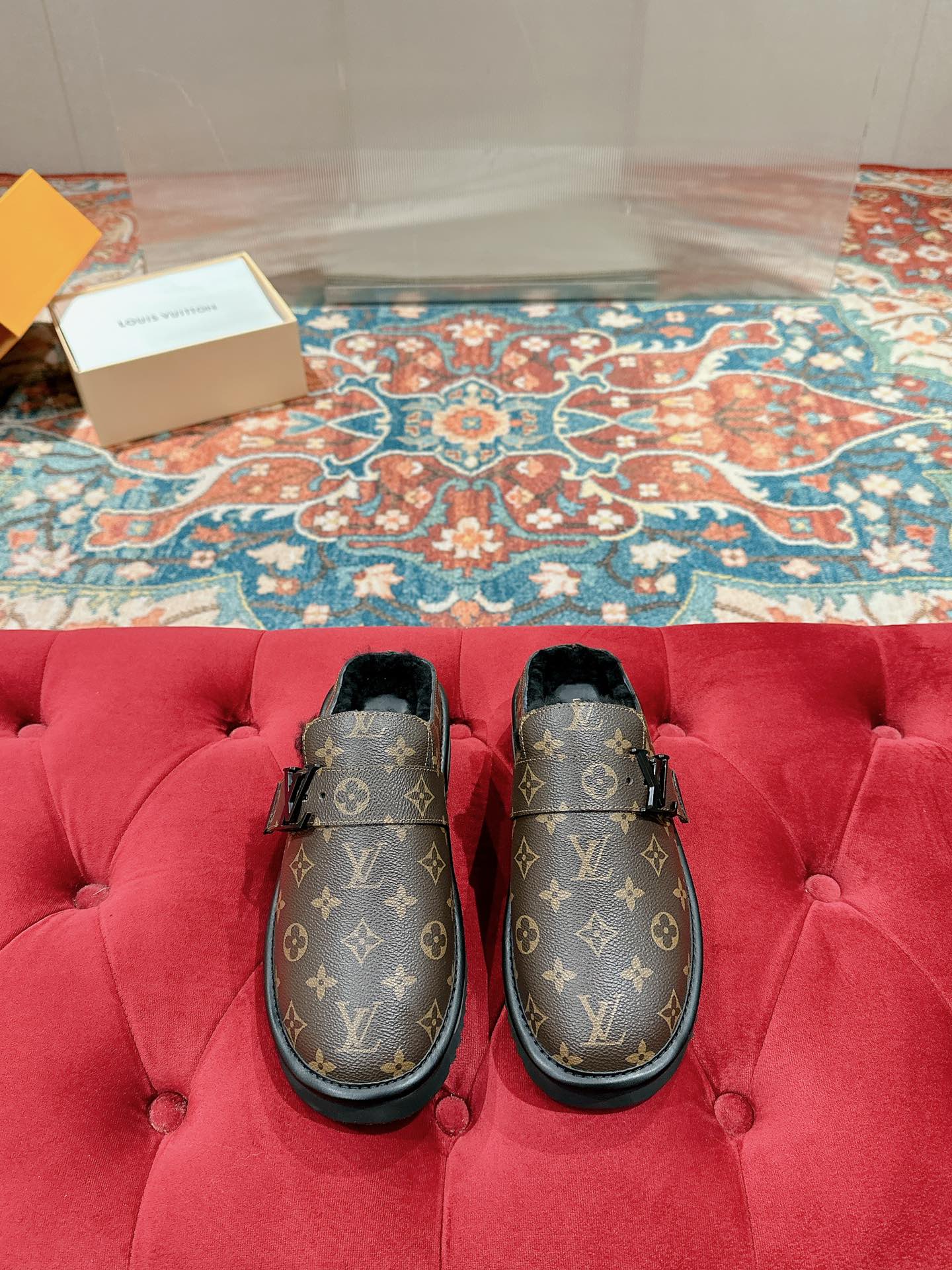 Louis Vuitton monogram slip-on sandals with buckle strap and rubber sole