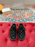 Louis Vuitton monogram sandals, black velvet with dual straps and cushioned sole