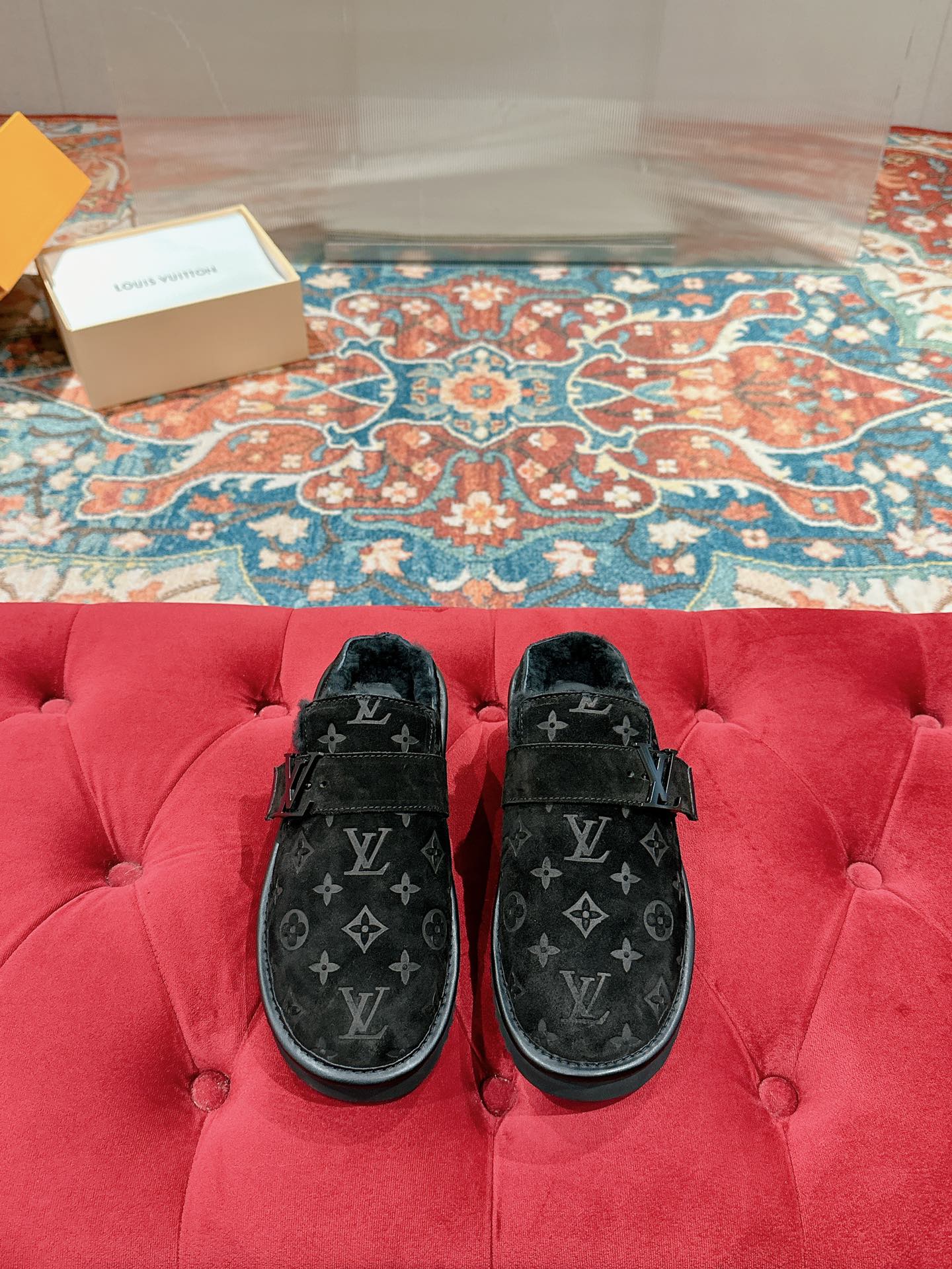 Louis Vuitton monogram sandals, black velvet with dual straps and cushioned sole