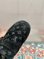 Close-up of black Louis Vuitton monogram sandal outsole with star and logo pattern
