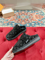 Pair of Louis Vuitton black monogram sandals with thick sole and double-strap detail