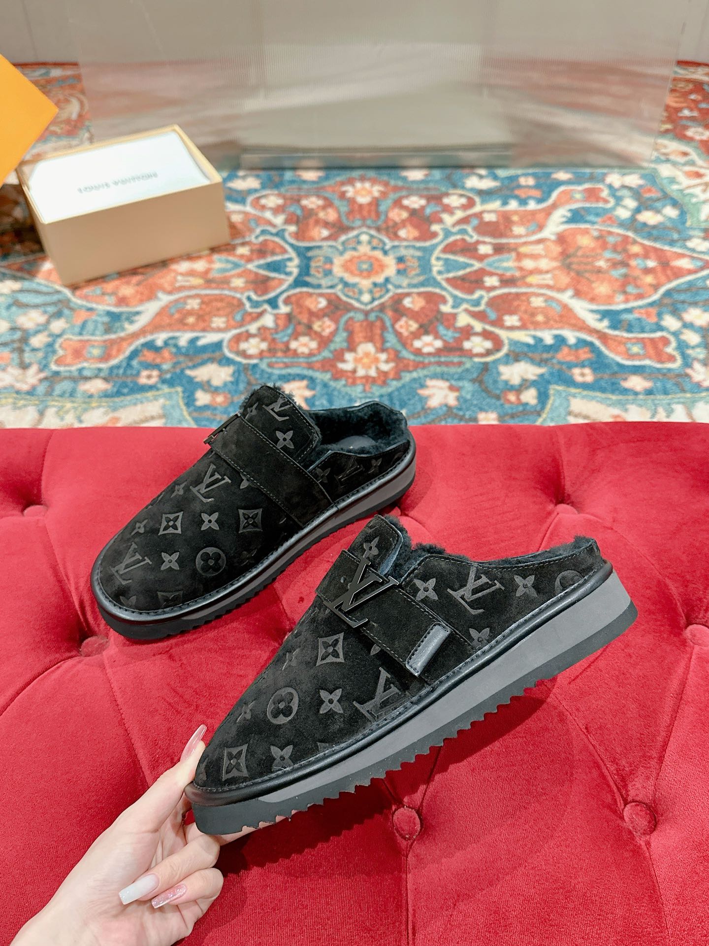 Pair of Louis Vuitton black monogram sandals with thick sole and double-strap detail
